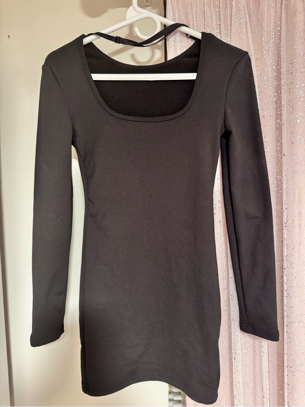 Women's Black Long-Sleeve Mini Dress with Square Neck